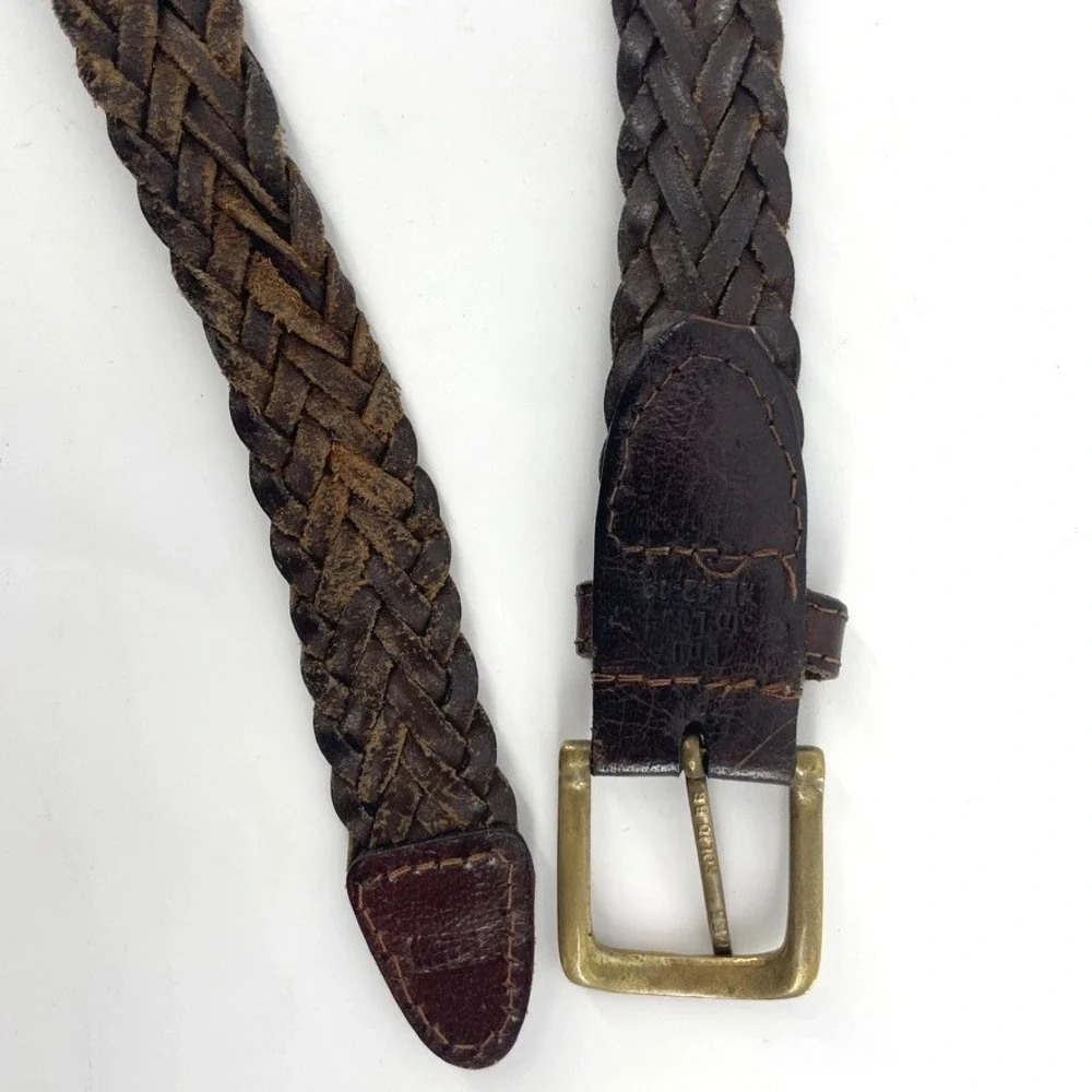 Vtg Braided Genuine Leather Belt XL 42-44 Brown Woven Brass Buckle‎ Boho Skinny